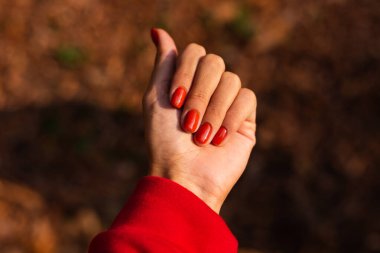 Kadınların parktaki ellerini yakın çekimde turuncu manikür, sonbahar havası..