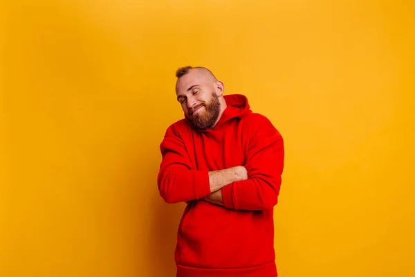 Happy Caucasian Handsome Brutal Bearder Man Wearing Warm Red Winter — Stock Photo, Image