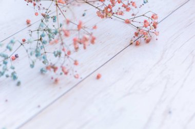 Ahşap arka planda kuru çiçekler, seçici odak, bahar havası