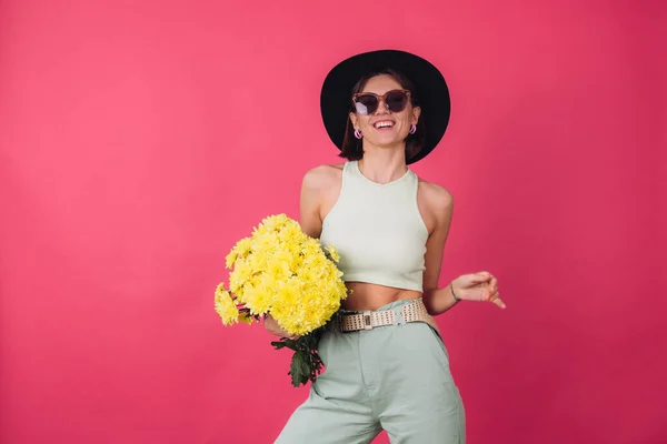 Beautiful Stylish Woman Hat Sunglasses Posing Pink Red Background Holding — Stock Photo, Image