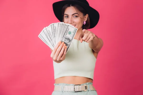 Stylish Woman Hat Pink Red Background Isolated Space Hold Fan — Stock Photo, Image