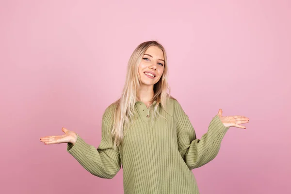 Pretty European Woman Casual Knitted Sweater Pink Background Cheerful Happy — Stock Photo, Image