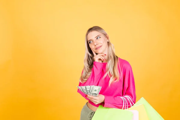 Pretty European Woman Pink Blouse Yellow Background Thoughtful Hold Fan — Stock Photo, Image