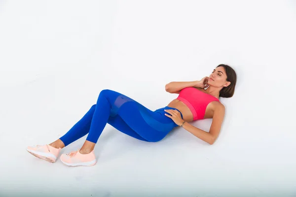 Fit Tanned Sporty Woman Abs Fitness Curves Wearing Top Blue — Stock Photo, Image