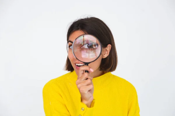 Pretty Woman Yellow Sweater White Background Held Magnifier Happy Positive — Stock Photo, Image