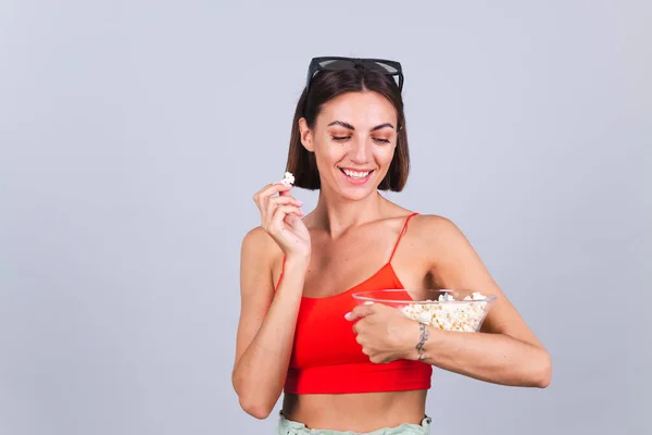 Beautiful Woman Gray Background Cinema Glasses Popcorn Cheerful Happy Positive — Stock Photo, Image