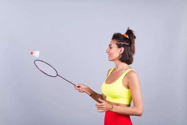 Passform Kvinna Sportkläder Topp Och Leggings Hålla Badminton Racket Glad — Stockfoto