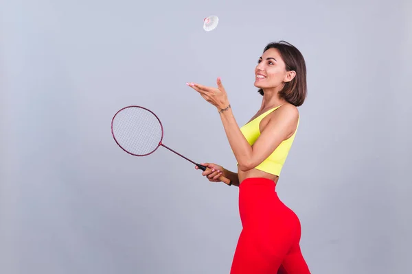 Passform Kvinna Sportkläder Topp Och Leggings Hålla Badminton Racket Glad — Stockfoto