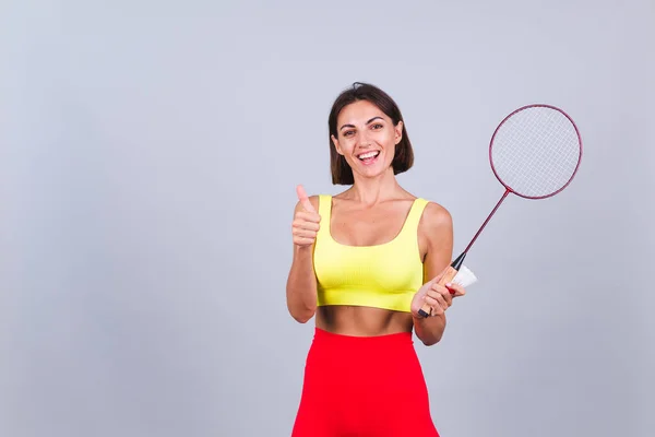 Passform Kvinna Sportkläder Topp Och Leggings Hålla Badminton Racket Glad — Stockfoto