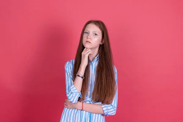 Little Kid Girl Years Old Blue Dress Isolated Pink Background — Stock Photo, Image