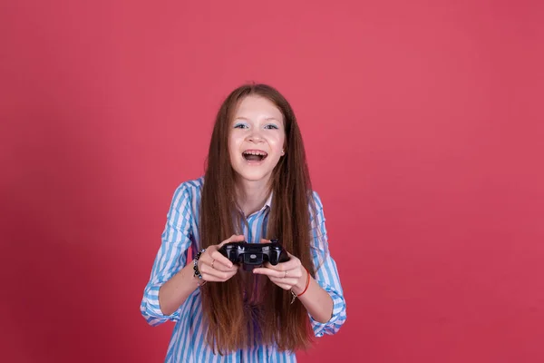 Little Kid Girl Years Old Blue Dress Isolated Pink Background — 스톡 사진