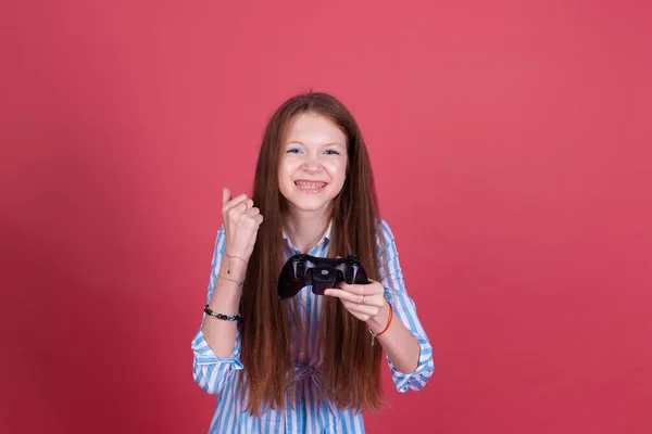 Little Kid Girl Years Old Blue Dress Isolated Pink Background — 스톡 사진