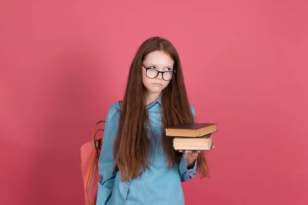 Little Kid Girl Years Old Isolated Pink Background Schoolgirl Backpack — Stock Photo, Image