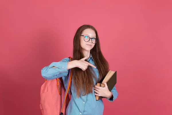 Little Kid Girl Years Old Isolated Pink Background Schoolgirl Backpack — Stock Photo, Image