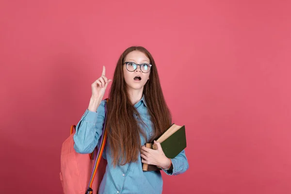 Little Kid Girl Years Old Isolated Pink Background Schoolgirl Backpack — Stock Photo, Image