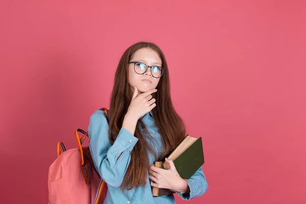 Little Kid Girl Years Old Isolated Pink Background Schoolgirl Backpack — Stock Photo, Image