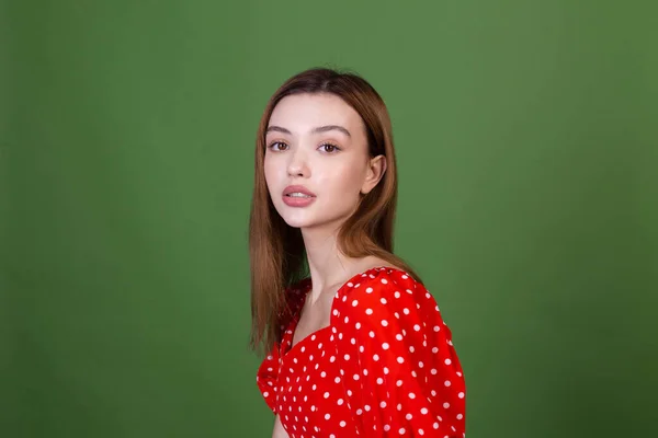 Young Woman Perfect Natural Makeup Brown Big Lips Polka Dot — Stock Photo, Image
