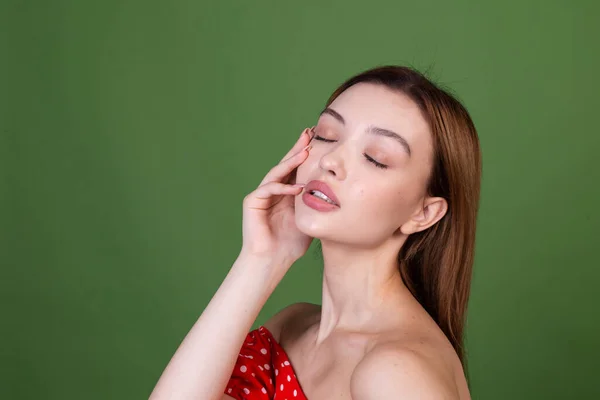 Jovem Com Maquiagem Natural Perfeita Lábios Grandes Marrons Polka Dot — Fotografia de Stock