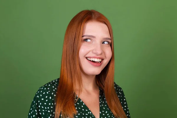 Young Red Hair Woman Green Background Smile Laugh Good Mood — Stock Photo, Image