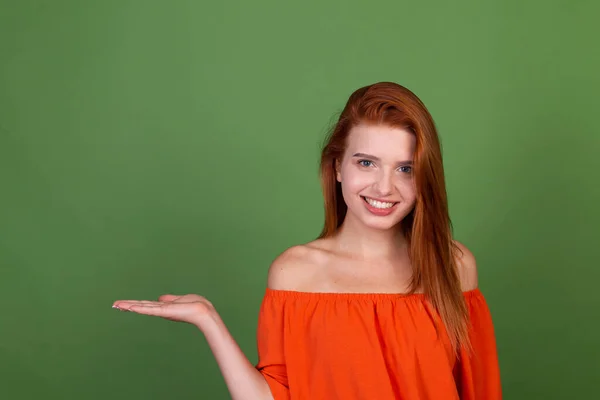 Young Red Hair Woman Casual Orange Blouse Green Background Smile — Stock Photo, Image