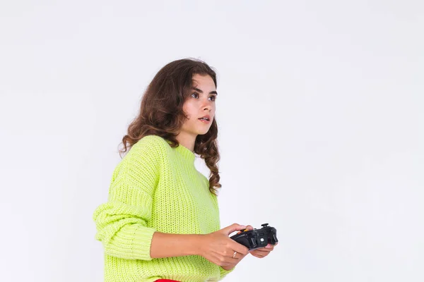 Young Beautiful Woman Freckles Light Makeup Sweater White Background Joystick — Stock Photo, Image