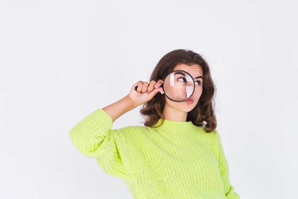 Young Beautiful Woman Freckles Light Makeup Sweater White Background Magnifier — Stock Photo, Image