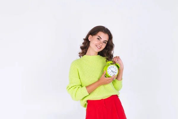 Young Beautiful Woman Freckles Light Makeup Sweater White Background Alarm — Stock Photo, Image