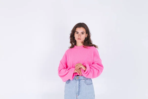 Young Beautiful Woman Freckles Light Makeup Sweater White Background Posing — Stock Photo, Image