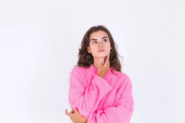 Young Beautiful Woman Freckles Light Makeup Sweater White Background Posing — Stock Photo, Image