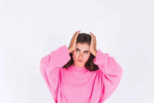 Young Beautiful Woman Freckles Light Makeup Sweater White Background Suffering — Stock Photo, Image