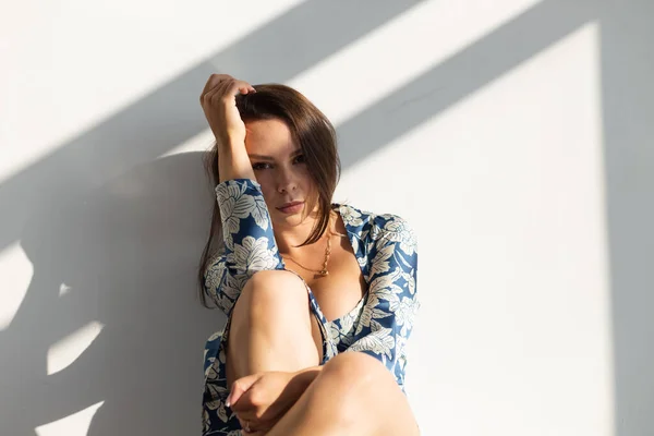 Pretty Young Woman Big Breast Posing Studio Wearing Long Summer — Stock Photo, Image