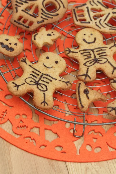 Traditional Holiday Sweets Halloween Skeleton Cookies Shape Gingerbread Man Wooden — Stock Photo, Image