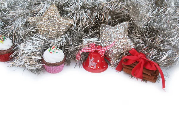 Christmas Decorations Shape Stars Bells Cupcakes Silver Garlands Isolated White — Stock Photo, Image