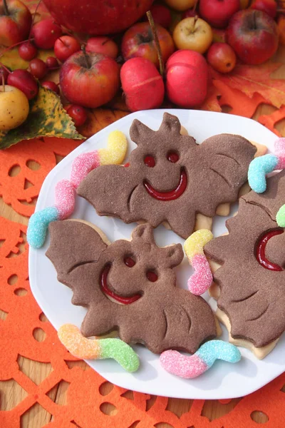 Halloween Cookies Shape Bat Filled Marmalade Plate Worm Candies Isolated — Stock Photo, Image