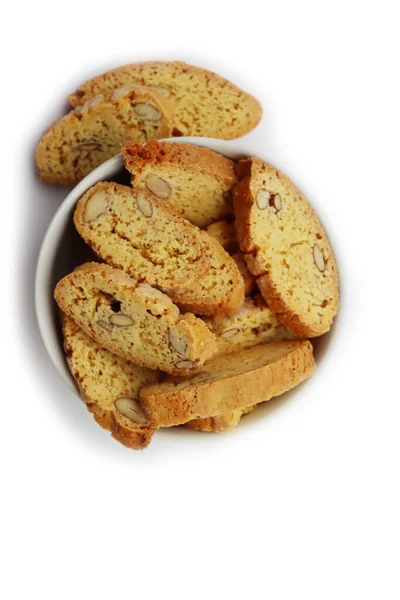 Traditional Italian Cantucci Cantuccini Cookies Almonds Bowl Isolated White Background — Stock Photo, Image