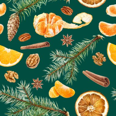 Suluboya desensiz Noel ve Mandarin portakallı ve yeşil baharatlı Mutlu Yıllar.