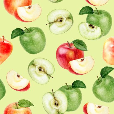 Renkli bir arkaplanda suluboya desensiz elmalar.