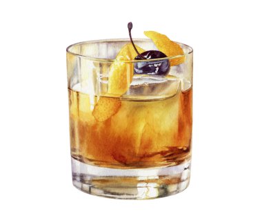 Beyaz arka planda izole edilmiş Luxardo vişneli suluboya resimli buzlu bardakta eski moda kokteyl.