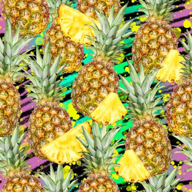 Renkli bir arkaplanda suluboya desensiz ananas deseni.