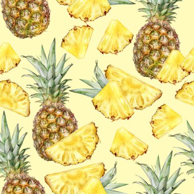 Renkli bir arkaplanda suluboya desensiz ananas deseni.