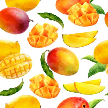 Beyaz arkaplanda izole edilmiş suluboya desenli mango.