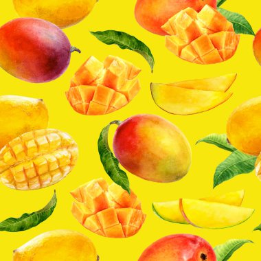 Renkli bir arkaplanda sulu boya desensiz mango.