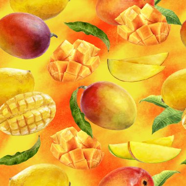 Renkli bir arkaplanda sulu boya desensiz mango.