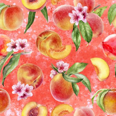 Suluboya desensiz şeftali çiçekli ve yapraklı renksiz arkaplan.