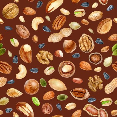 Renkli bir arkaplanda sulu boya desensiz fındık.