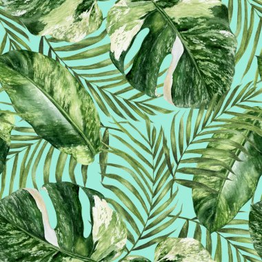 Renkli bir arkaplanda suluboya desensiz tropikal yapraklar.