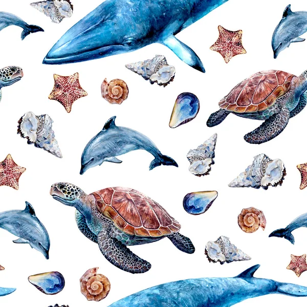 Watercolor seamless pattern underwater life isolated on white background.