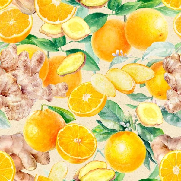 Watercolor seamless pattern orange fruit ginger on a craft paper background.