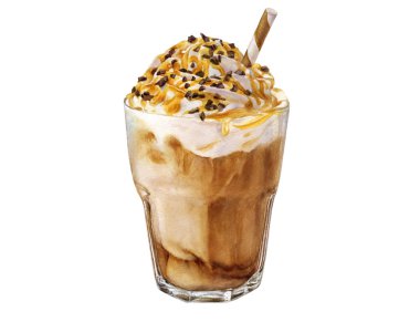 Krem şantili buzlu kahve ve beyaz arka planda izole edilmiş karamel şurubu sulubu. 