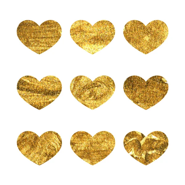 Set Von Goldenen Herzen Glänzende Pinselstriche Romantische Dekorative Symbole Für — Stockvektor